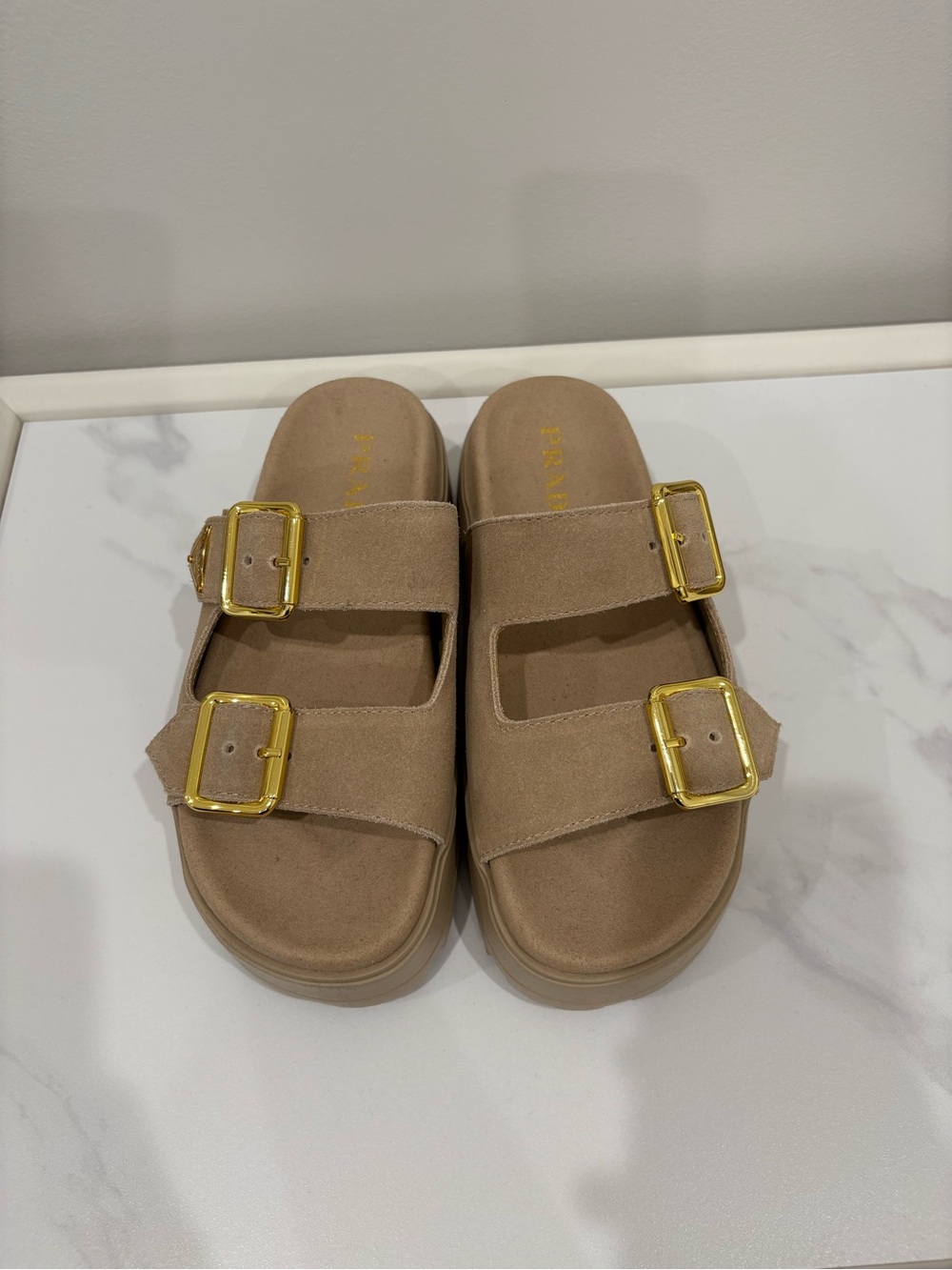 Prada Taupe Suede Double Buckle Slide Sandals